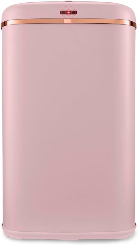 Roze vierkante sensor prullenbak met roségouden accent en rode sensorindicator.