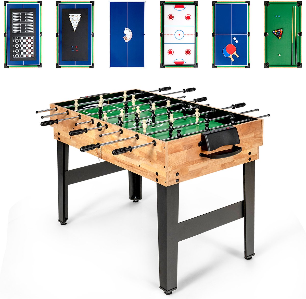 COSTWAY 10-in-1 multispeeltafel, multifunctionele tafel met tafelvoetbal, hockey, biljart, shuffleboard, bowling en 4 bordspellen, combi-tafel van hout voor speelkamer, tafelvoetbaltafel voor kinderen