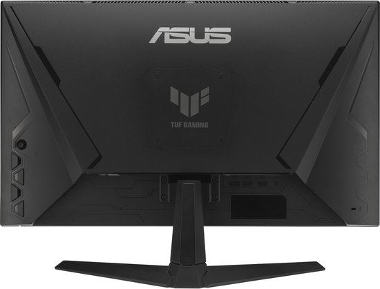 Achterkant van ASUS TUF Gaming monitor met gestructureerd design en "TUF Gaming" logo.
