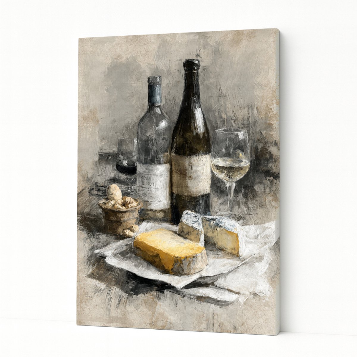 Wijn en kaas stilleven - Klassiek - Canvas schilderij - 100x150 cm