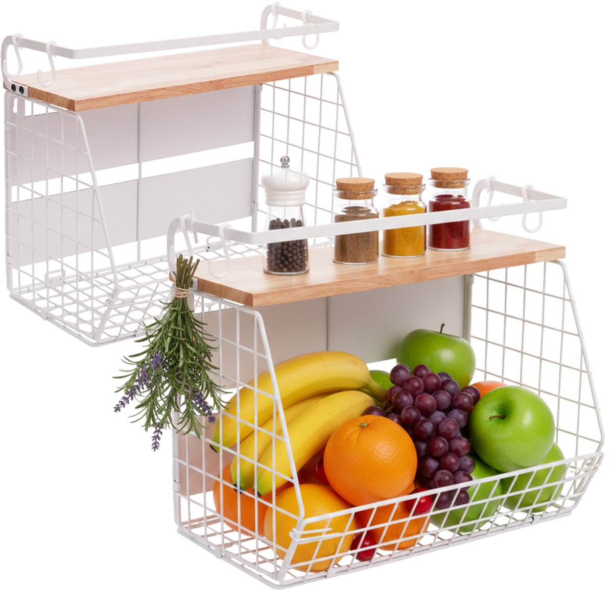fruitmand wandrek - 2 stuks - wit naturel - 35,5x30x21 cm - voor aan de muur