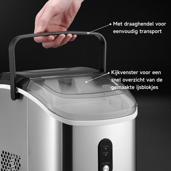 Zilverkleurige Bardi ijsblokjesmachine met handige draaghendel en kijkvenster.