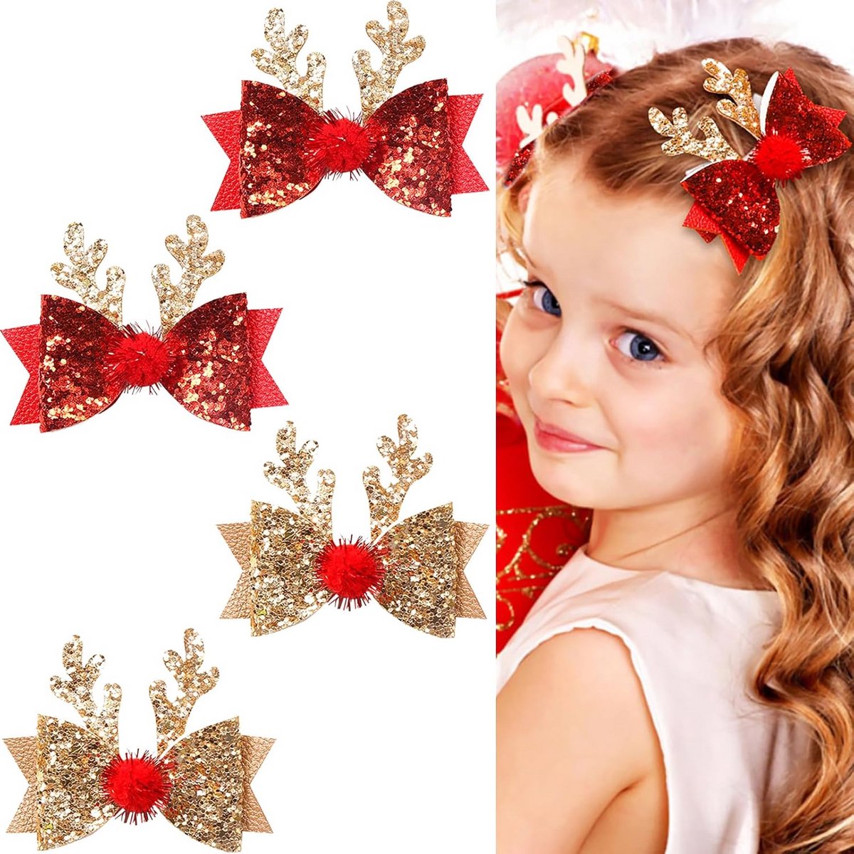 4x Kerst Haarspeldjes Rendier Gewei Strik Glitter Accessoires voor Meisjes en Dames