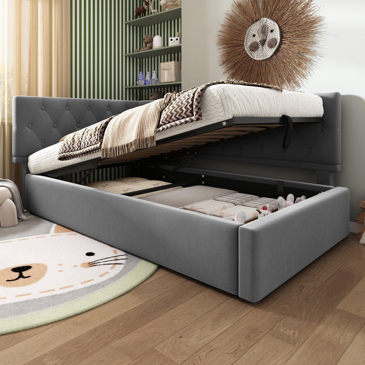 REDOM opbergbed 90x190 cm – Fluweel grijs – L-vormig ontwerp – Verstelbaar hoofdbord (links/rechts) – Hydraulisch – Houten lattenbodem – 150 kg