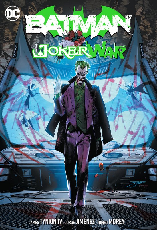Couverture du comic Batman The Joker War avec le Joker en costume violet, tenant une rose rouge à la main.