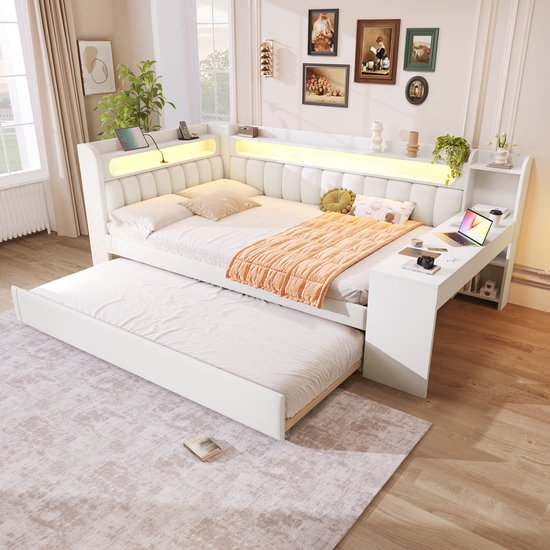 140x200 cm slaapbank - met USB-poort en LED-verlichting - met uitschuifbaar bed en bureau - wit