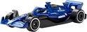 Donkerblauwe Formule 1 auto met witte accenten en 'Komatsu' logo.