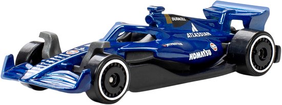 Donkerblauwe Formule 1 auto met witte accenten en 'Komatsu' logo.