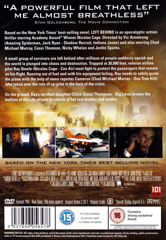 Achterkant van de dvd met filmdetails, recensies en kleine afbeeldingen van scènes. Getiteld "LEFT BEHIND".