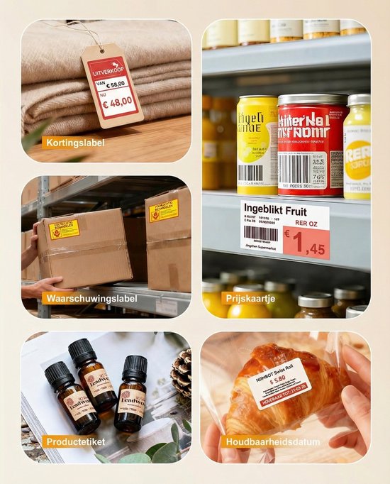 Voorbeelden van bedrukte etiketten: kortingslabel, prijskaartje, waarschuwingslabel, productetiket en houdbaarheidsdatum.