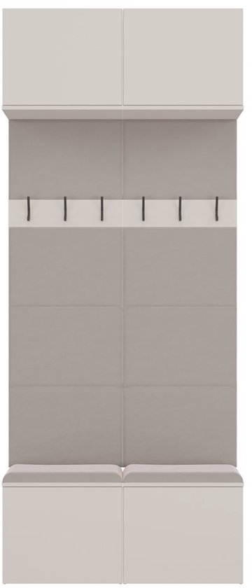 Grijze halgarderobe met bovenkasten, haken, zitbank en schoenenopslag.