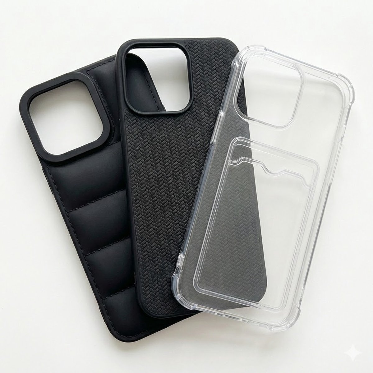 Grijs en zwart telefoon hoesje set met kaartvak en structuur design geschikt voor iPhone 17 Pro Max – backcover cases voor dames en heren met transparant hoesje, geribbelde textuur en gewatteerd uiterlijk