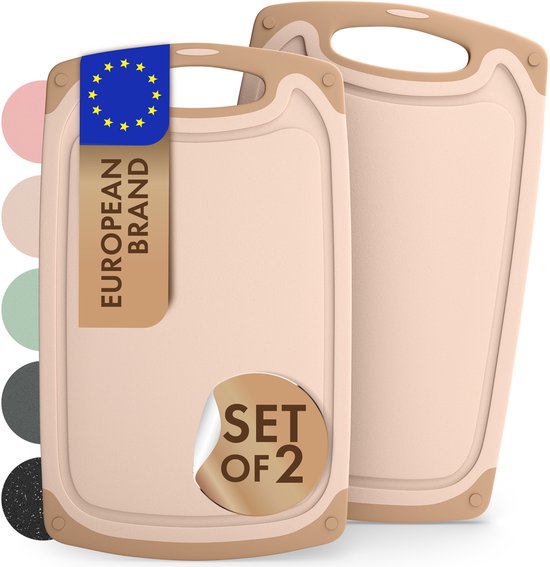 Planche à découper Blumtal Linnmon - Planche à découper en plastique avec rainures à jus et poignée - Sans BPA - Beige - Large - Set de 2