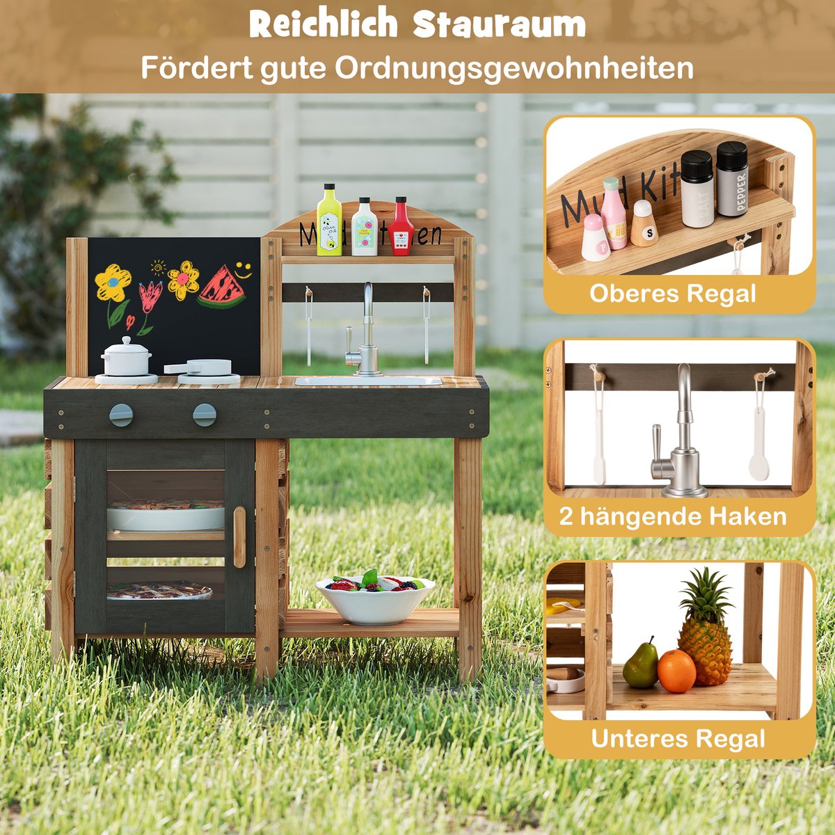 COSTWAY Modderkeuken voor kinderen, outdoor, kinderkeuken, hout met tafel, fornuizen en gootsteen, speelkeuken met kraan en oven, outdoorkeuken incl. accessoires voor kinderen vanaf 3 jaar — afbeelding 5