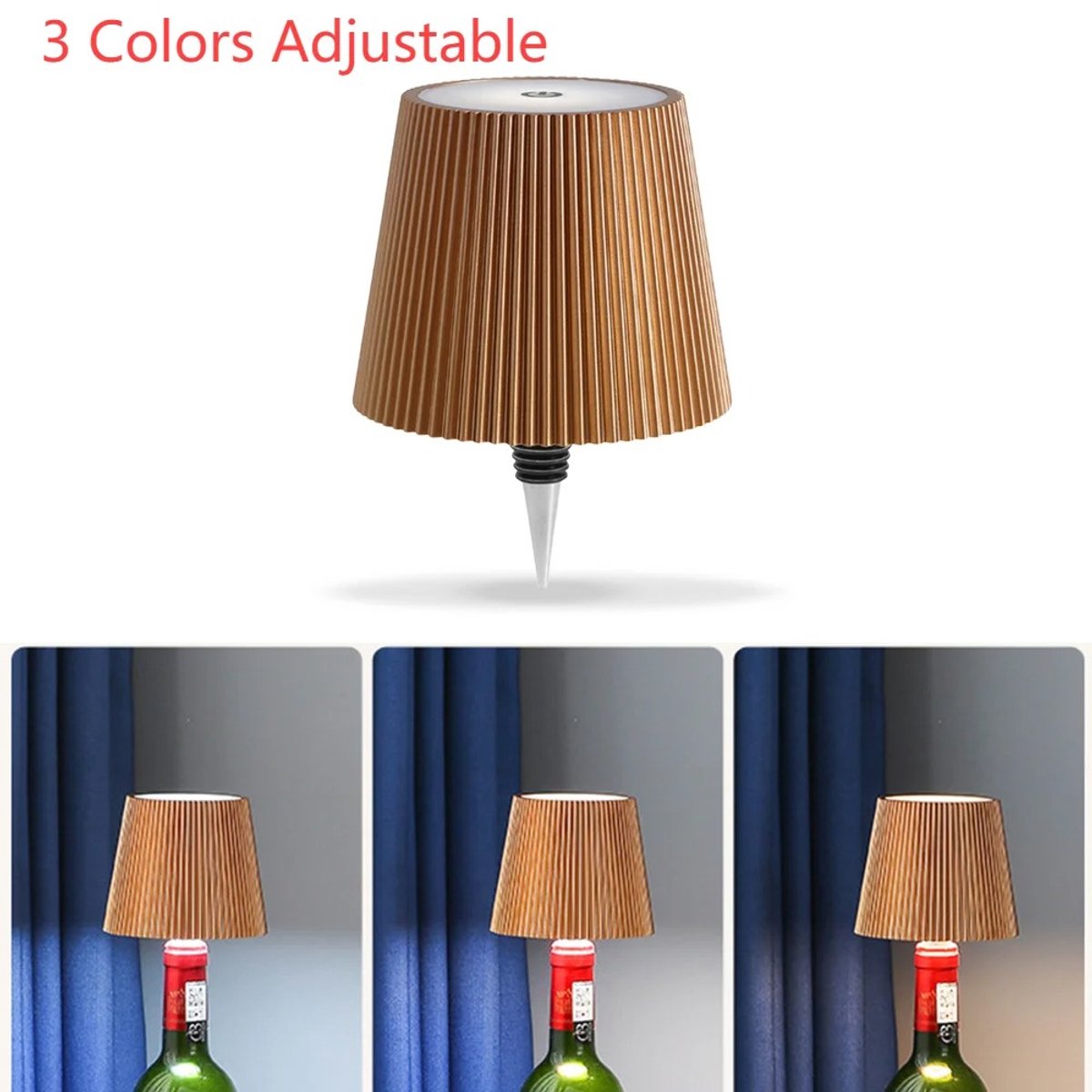 Draadloze flessenlamp, LED-wijnfleslamp, oplaadbare, draadloze flessenlamp met aanraakbediening en 3 kleurtemperaturen, voor slaapkamer, restaurant, bar - USB-oplaadbare flessentafellamp met dimfunctie (goud)-Decoratieve bureaulamp — cadeau in Wonen & Interieur - foto 8