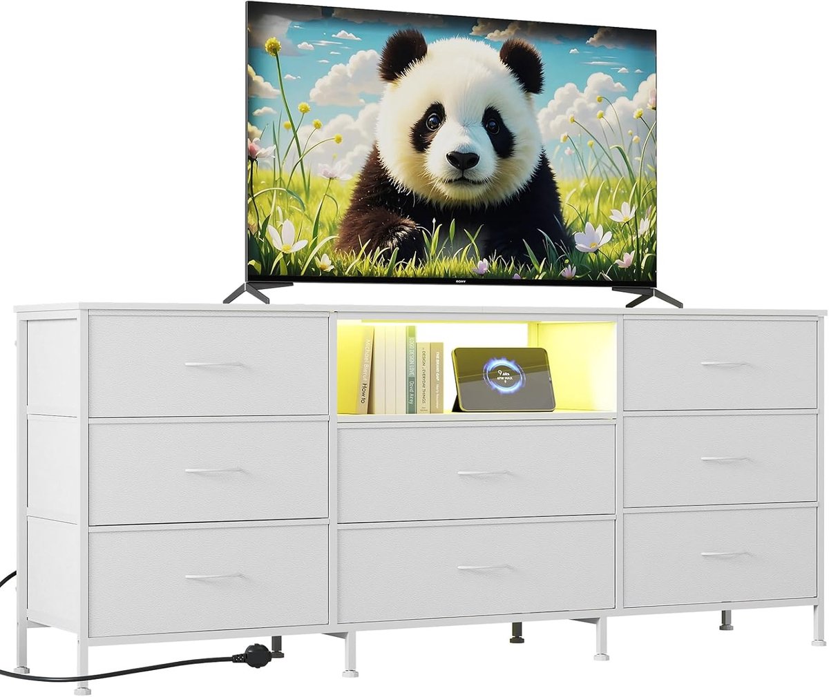Commode TV- Meubel TV met LED en 8 Lades - TV‑meubel 160 x 35 x 68 cm - met Stalen Frame & Spaanplaten - Groot Opbergvak voor Woonkamer & Slaapkamer - wit
