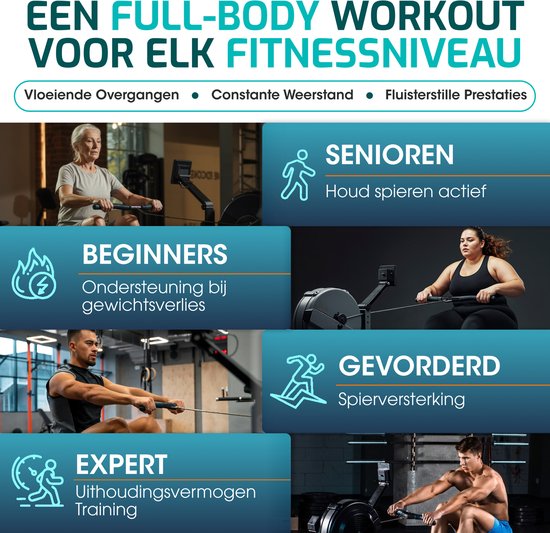 Afbeeldingen van senioren, beginners, gevorderden en experts die roeimachines gebruiken.