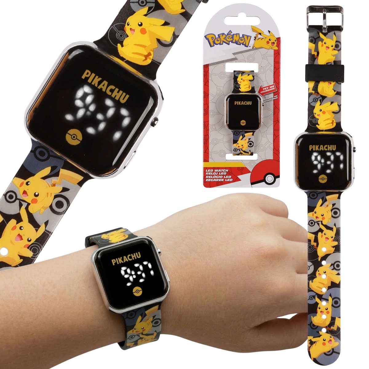 Pokemon Pikachu Zwart digitaal horloge, LED-polshorloge voor jongens, met datum en tijd