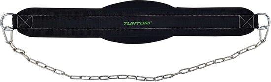 Zwarte diptrainingsriem met groene Tunturi-logo en ketting.