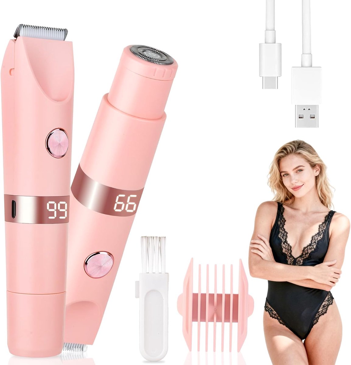 2-in-1 Scheerapparaat & Bikinittrimmer voor Dames & Heren - IPX7 Waterdicht Dubbelhoofd Oplaadbaar - Pijnvrije Ontharing voor Lichaam & Gezicht - Roze - 1 Stuk