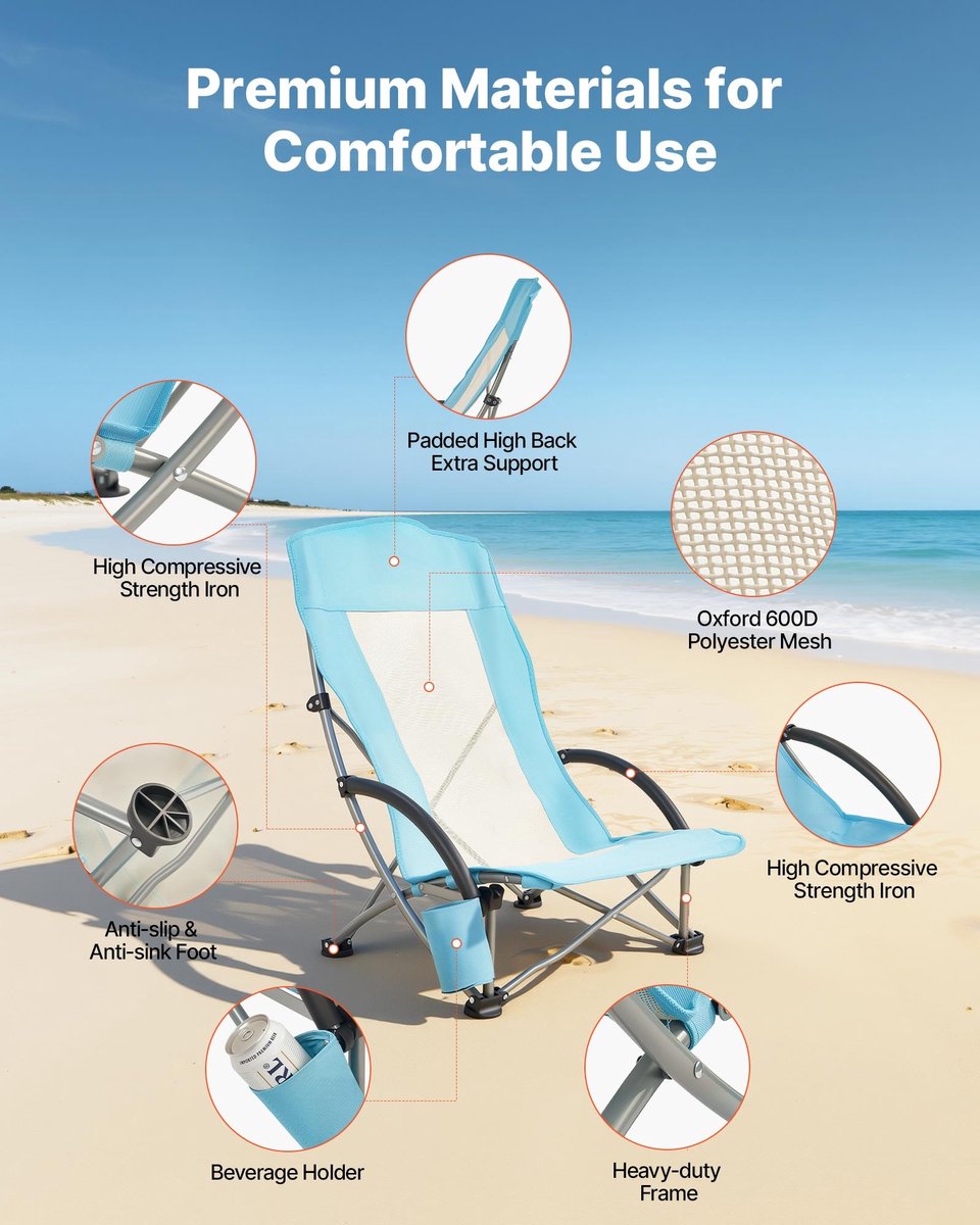 Campingstoel & Visstoel - Opvouwbare Stoel - Draagvermogen 150 kg - Hoge Rugleuning - Met Bekerhouder - Ademende Netstof - Inclusief Draagtas - Lichtblauw — cadeau in Sport & Outdoor - foto 5