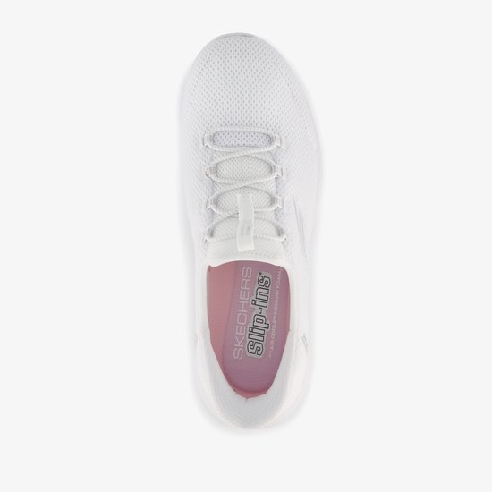 Bovenaanzicht van een witte Skechers Slip-ins Go Walk Joy dames sneaker met roze binnenzool.