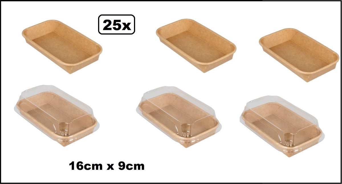 25x Sushi tray karton + deksel 160mm x 90mm x 25mm Kraft - food diner vis themafeest party