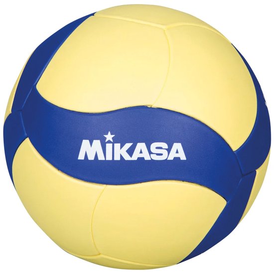 Gele volleybal met blauwe band met "MIKASA" logo.