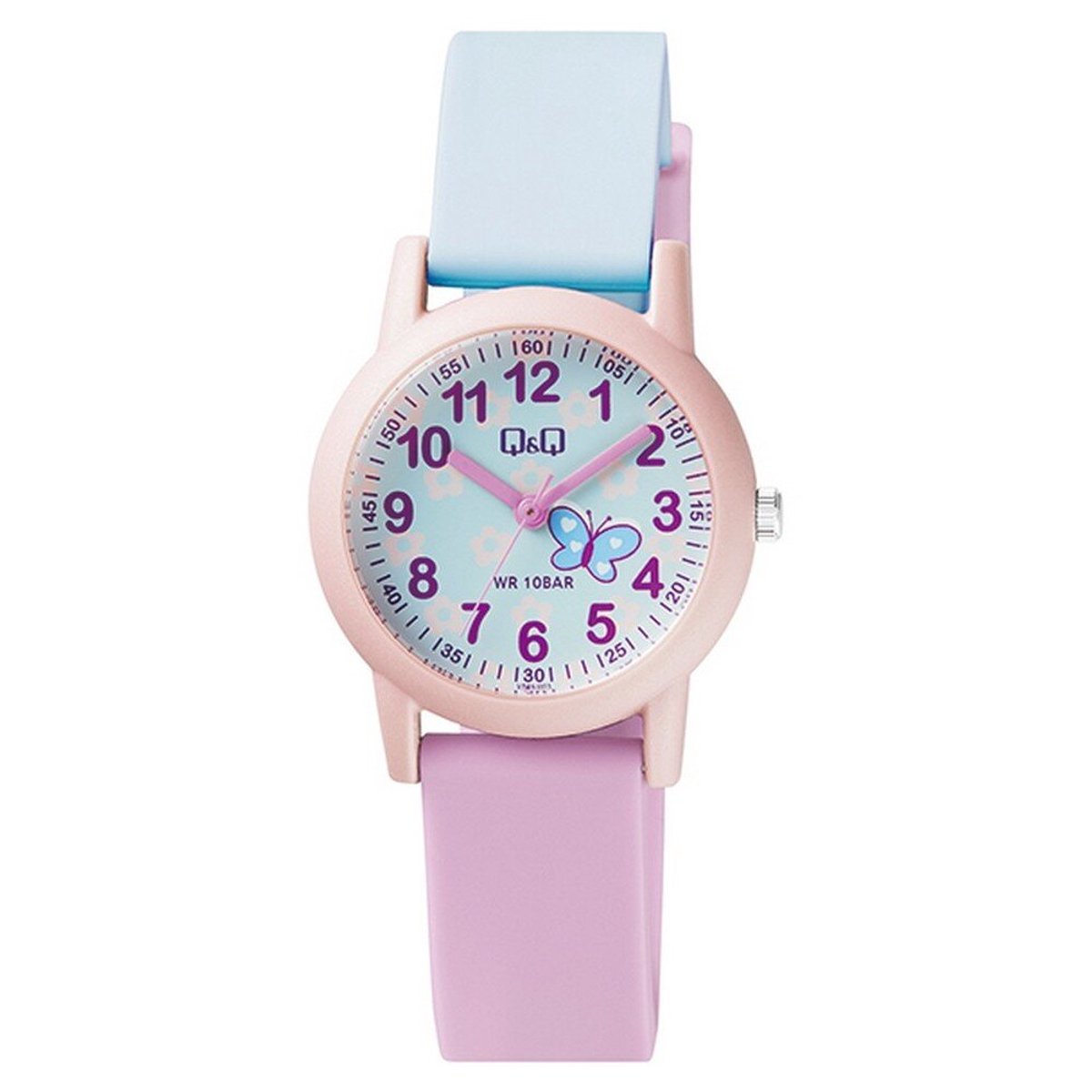 QQ VS49J003Y - Horloge - Analoog - Kinderen - Unisex - Plastic band - Rond - Cijfers - Kunststof - Sport - Lichtblauw - Roze - 10 ATM