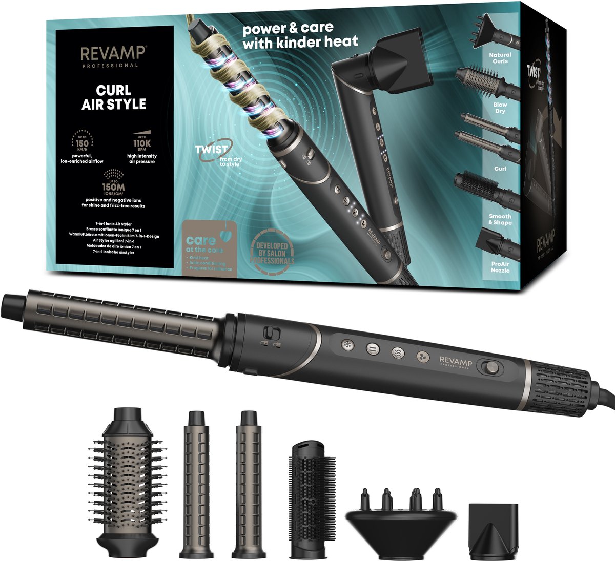 Revamp 7-in-1 Airstyler met Diffuser - Ionische Multistyler met 6 Opzetstukken - Föhnborstel - Haarkruller - Haarstyler - Haardroger - Warmteborstel - Krulborstel - Krultang - DR-2950 - Zwart