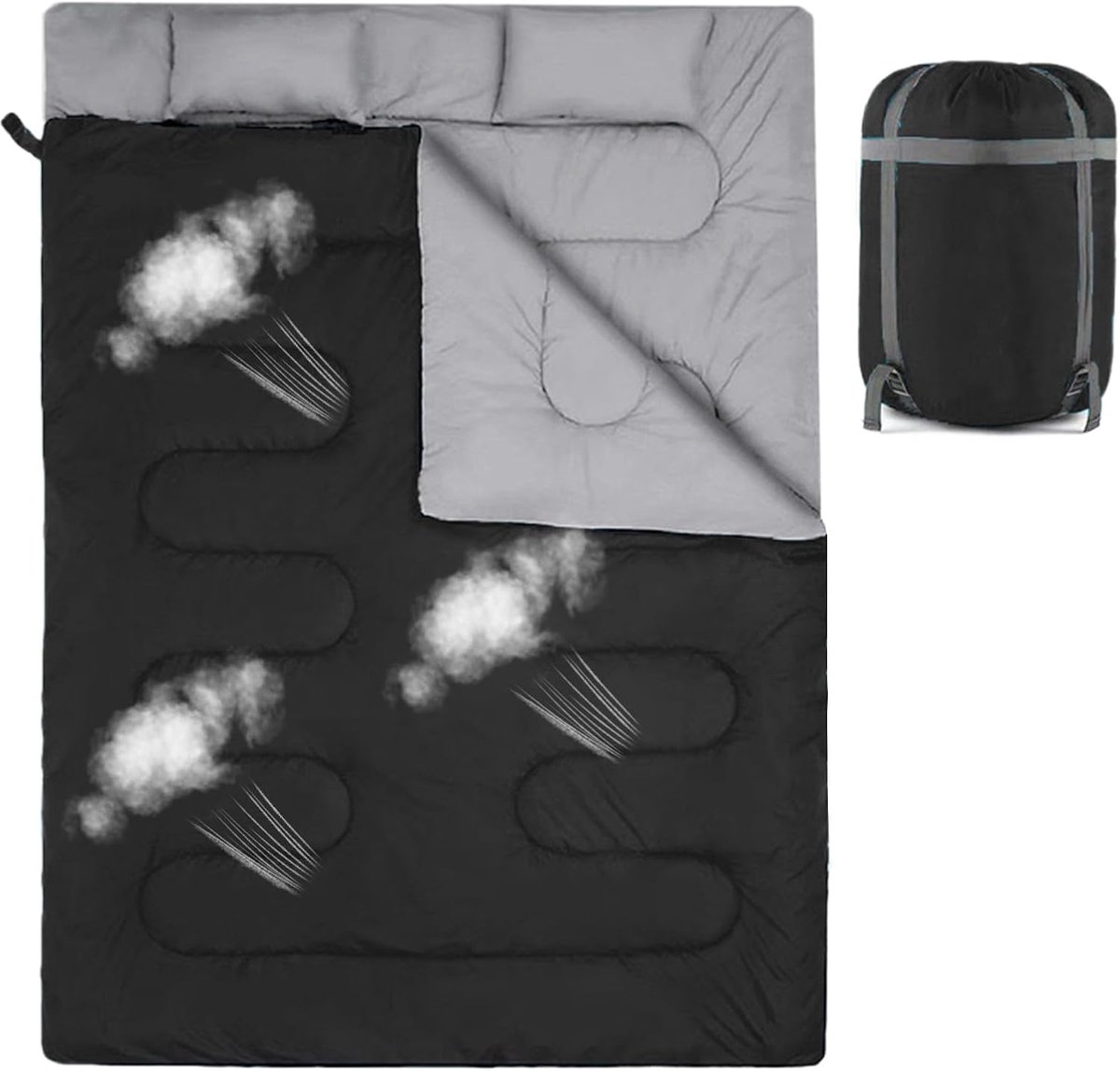 Slaapzak 2 Personen - Dubbele Slaapzak - Kamperen en Reizen - All-Seizoenen Gebruik - 150x220cm - Zwart