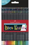 Verpakking met 36 Faber-Castell Black Edition kleurpotloden, met zwart omhulsel en gekleurde punten.
