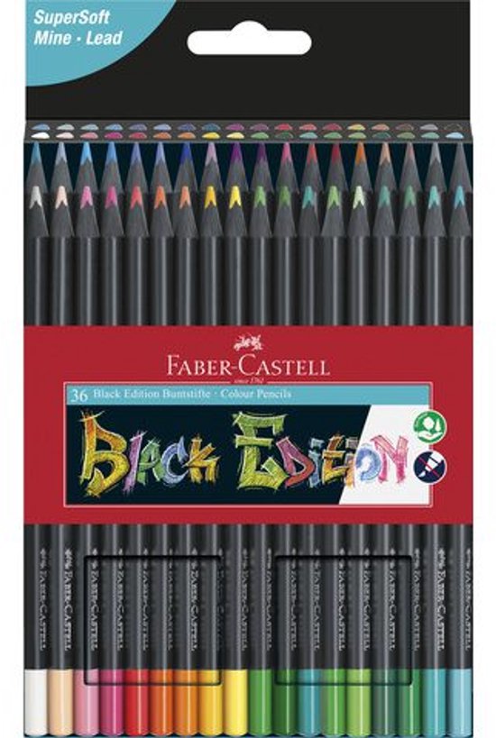 Verpakking met 36 Faber-Castell Black Edition kleurpotloden, met zwart omhulsel en gekleurde punten.