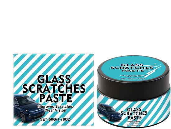 Potje en doosje "Glass Scratches Paste" met blauw-witte strepen en afbeelding van donkerblauwe auto.