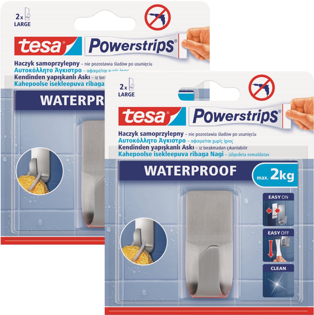 Tesa POWERSTRIPS WATERPROOF - Zelfklevende Haak - Roestvrij Staal - 2 Stuks - Waterbestendig
