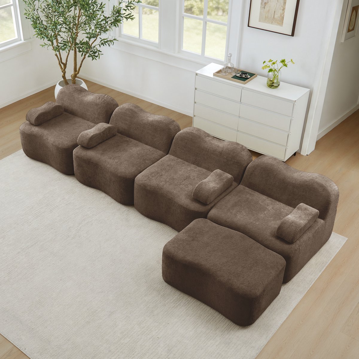 STILVORA Hoekbank 4-Zits - Modulaire Bank Met Ottomane En Golvende Vorm - Voor Woonkamer En Appartement - Fluweel Bruin