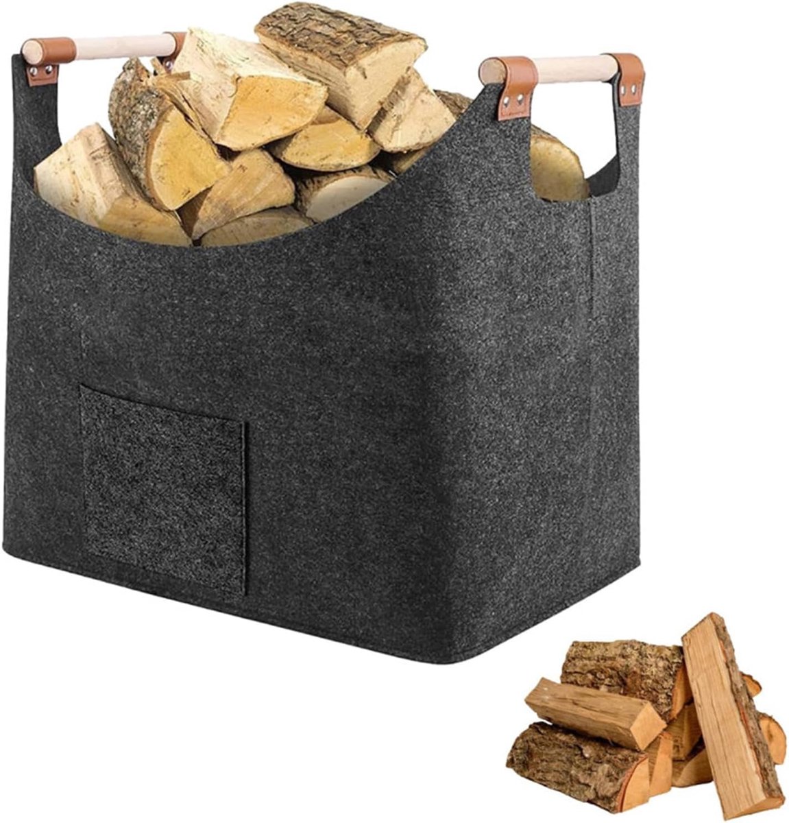 Houten Transportmand - Vilten Houthouder - Open Haard Opslag - Draagbaar Met Handgrepen - 45 x 40 x 32 cm