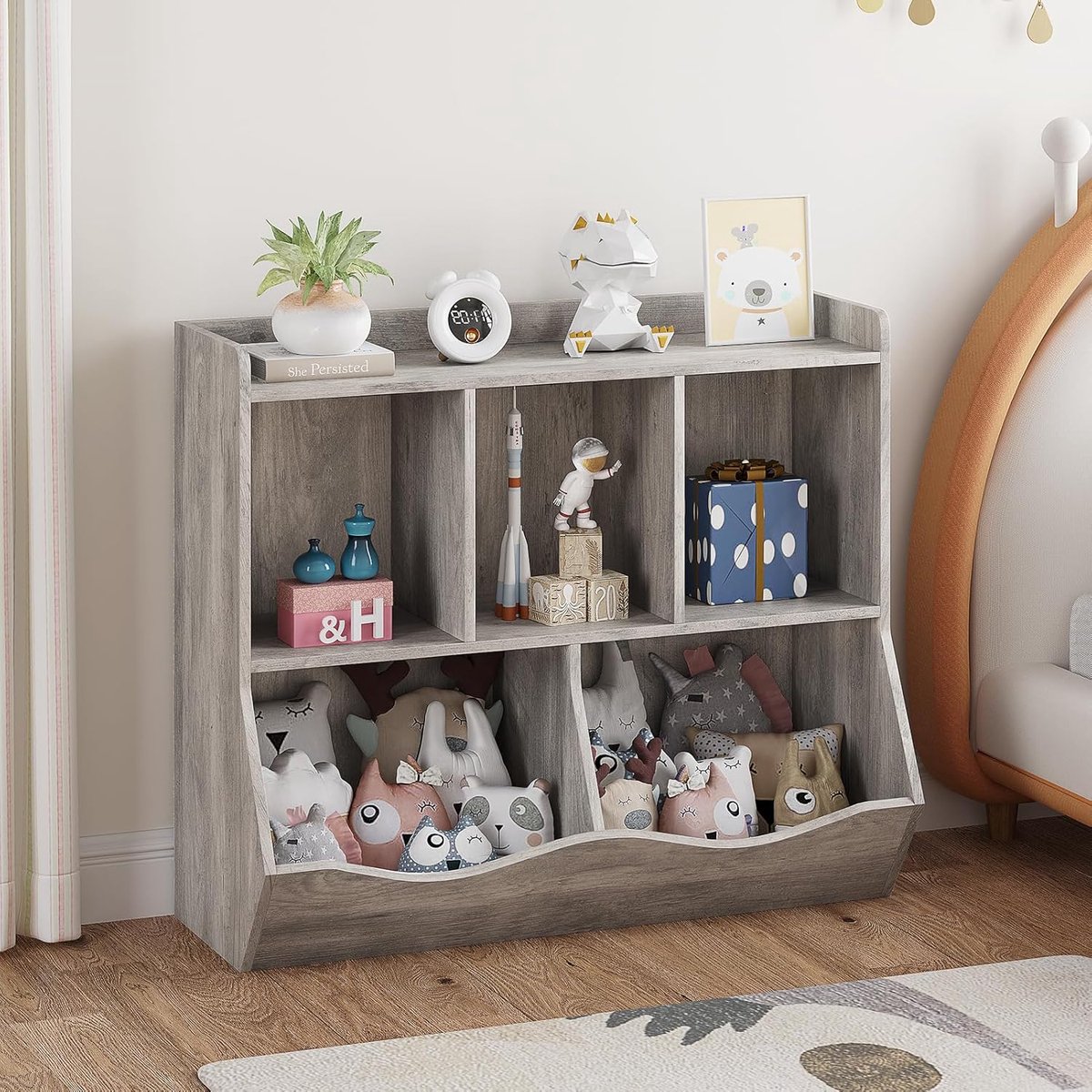Houten Kinderboekenkast met 5 Vakken – Grijs – 91,4x29,9x80 cm – Stevige Opbergkast voor S
