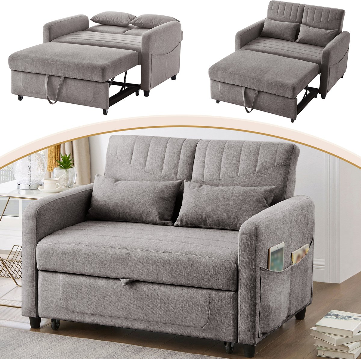 Wishdor Slaapbank - Uitschuifbaar - 3-Standen Rugleuning - Modern - Voor Woonkamer - Katoen-Linnen - Grijs