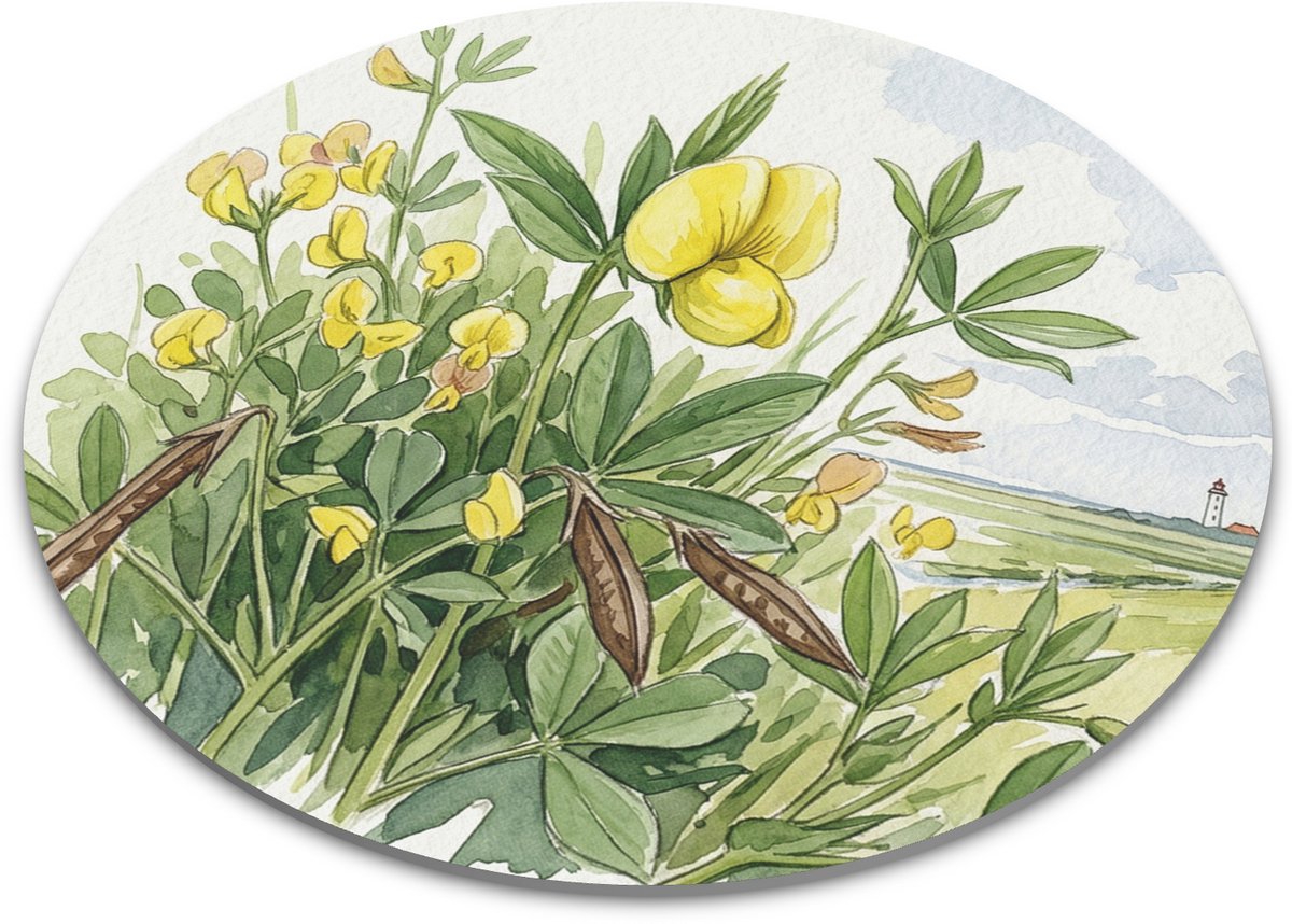 Muismat Rond - Hauwklaver Tetragonolobus Maritimus - Botanische Natuur Illustratie Gele Bloemen Kust Vuurtoren - Bureau Accessoires Thuiswerken PC - Cadeau voor haar: Vrouw, Vriendin & Collega - Aquarel Series Kantoorartikelen Computermuis