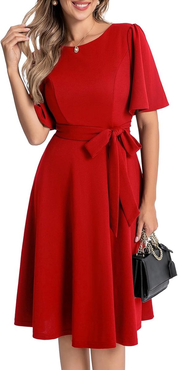 Midi Avondjurk - Cocktailjurk Feestjurk - Bruiloft Prom - Ronde Hals Met Riem - Korte Mouwen - Elegant Chique