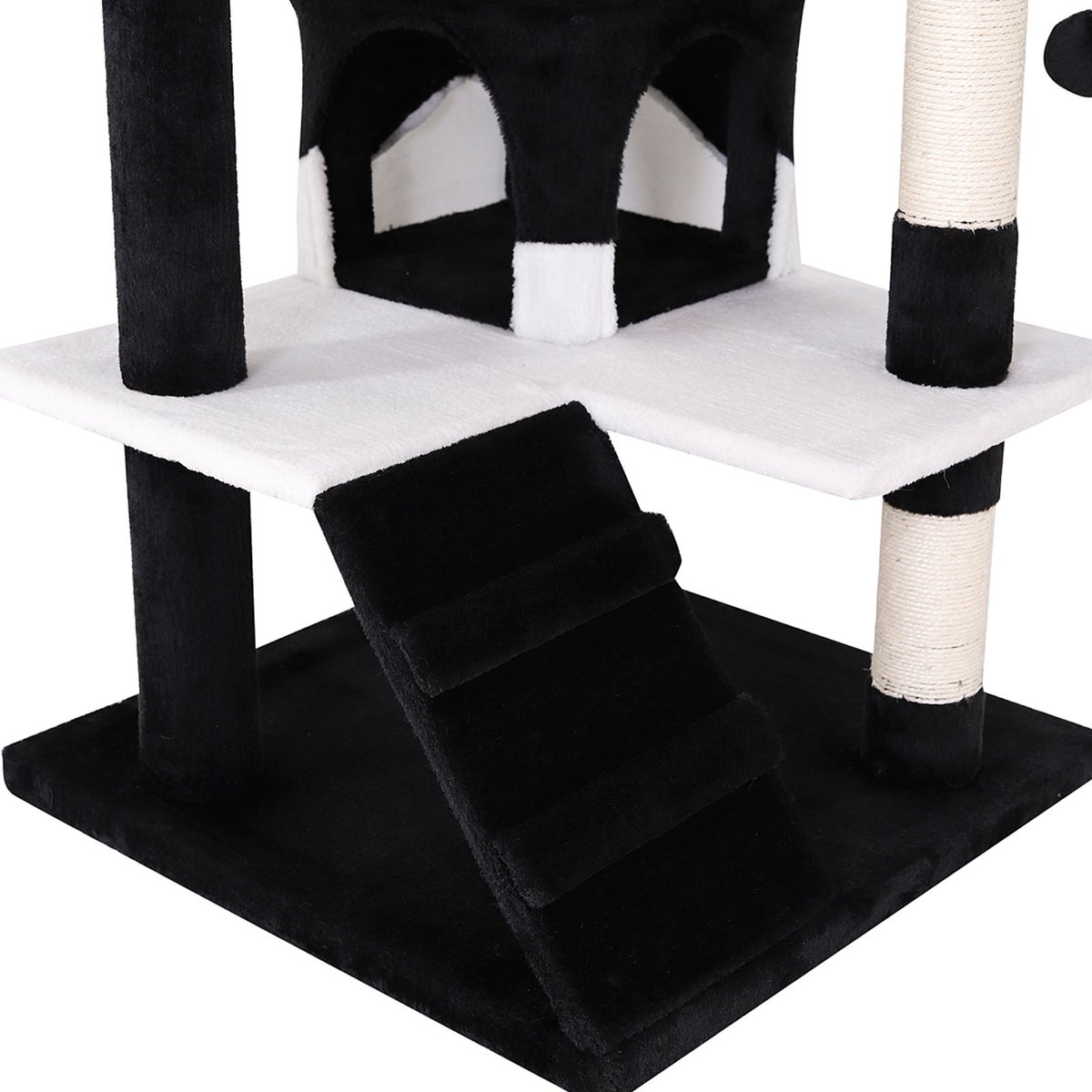 lionto Kattenkrabpaal 130 cm groot, met trap, grot & speelballen, zwart/wit thumbnail 5