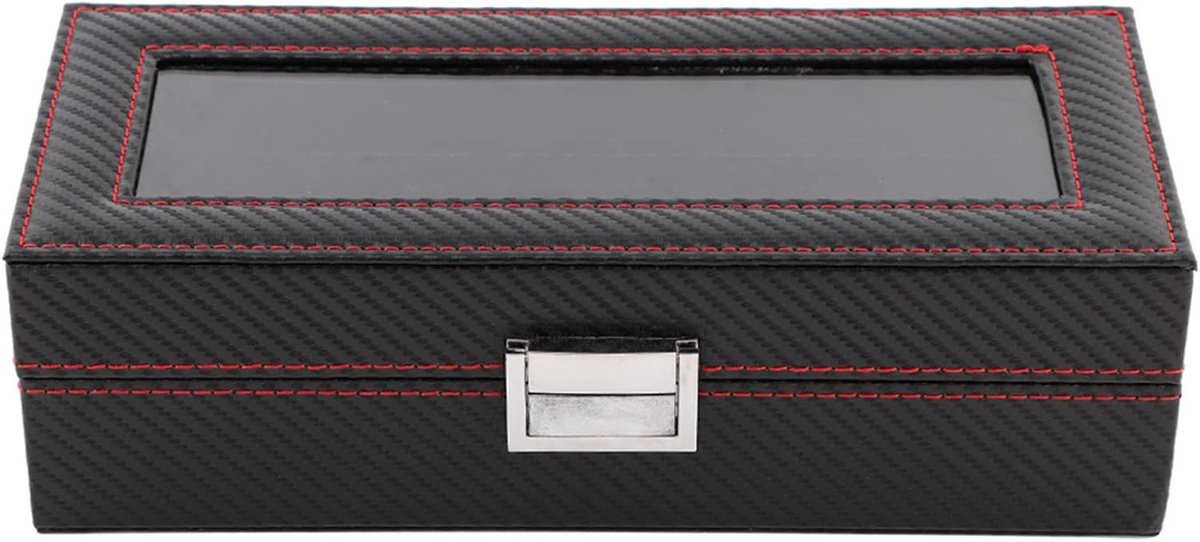 Horlogedoos 5 Vakken - Horloge Organizer - Veilig Opbergen - Koolstofvezel Look - 30 x 14 x 12 cm - Zwart