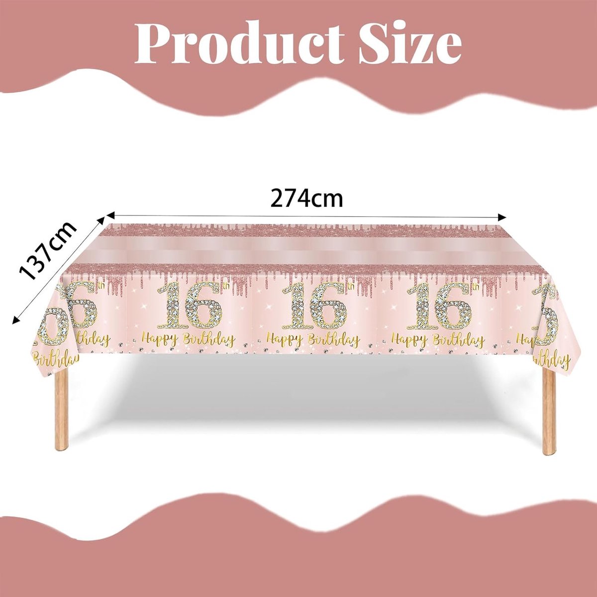 Tafelkleed - Tafelloper - 16e Verjaardag - Waterdicht Morsbestendig - 137 x 274 cm - Roségoud