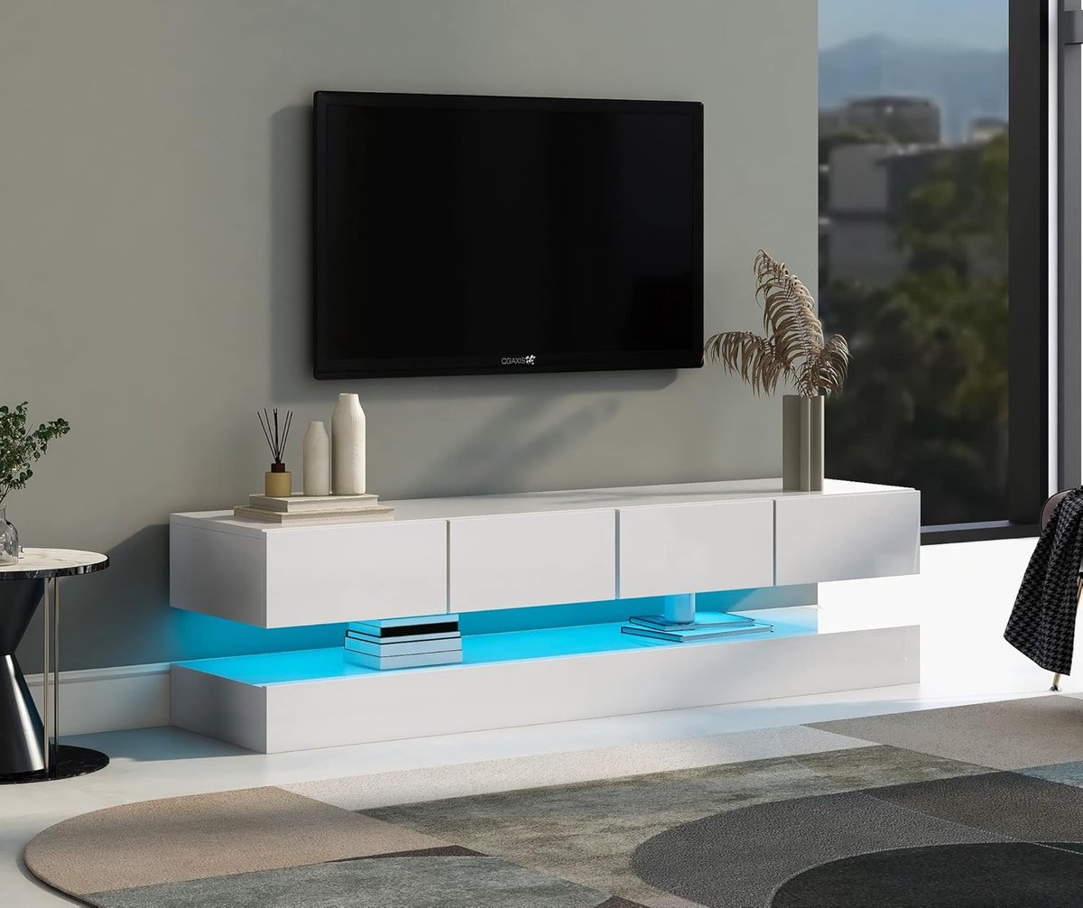TV Meubel - Wandkast - Opbergen Entertainment - App-bediende LED - 130x33x15cm - Wit