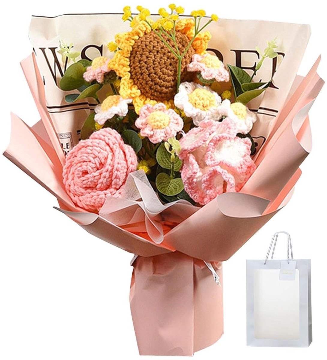 Gehaakt Bloemenboeket - Gebreide Bloemen - Huisdecoratie - Handgemaakt Vakmanschap - 35x27cm - Roze