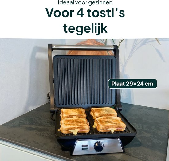 Contactgrill met vier tosti's, "Plaat 29x24 cm", "Ideaal voor gezinnen", "Voor 4 tosti's tegelijk".
