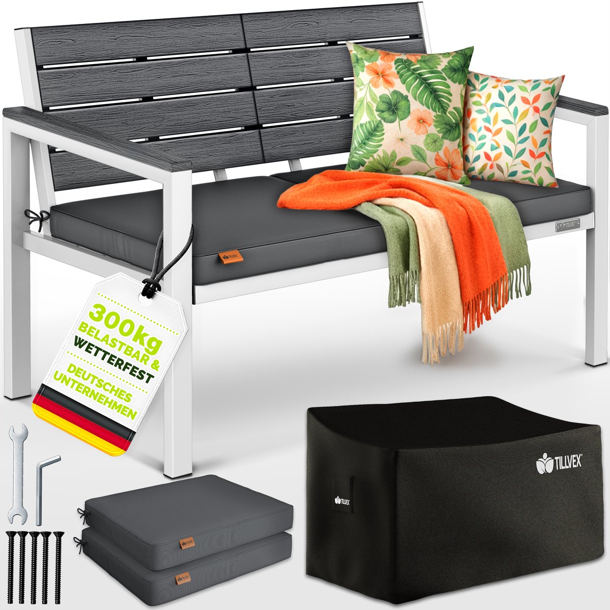 tillvex® Tuinbank Weerbestendig 2-3 Zits met Hoes & Kussens | Parkbank in Houtlook tot 300kg Belastbaar UV-bestendig | Zitbank Tuin Terras Balkon met Wasbare Hoes