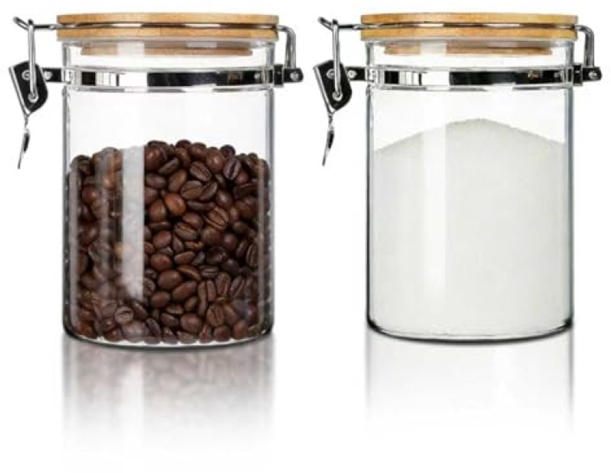 Set van 2 glazen voorraadpotten met houten deksel - Luchtdicht, 1.1 liter per stuk
