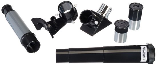 Diverse accessoires voor een telescoop, waaronder extra oculairs en een Barlowlens.